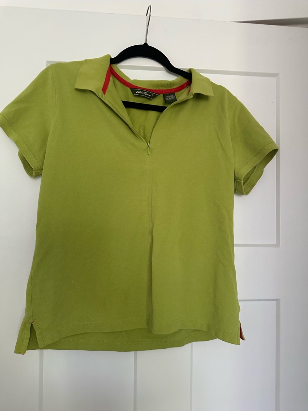 Eddie Bauer Lime Green Short Sleeve Zip Polo with Red Trim